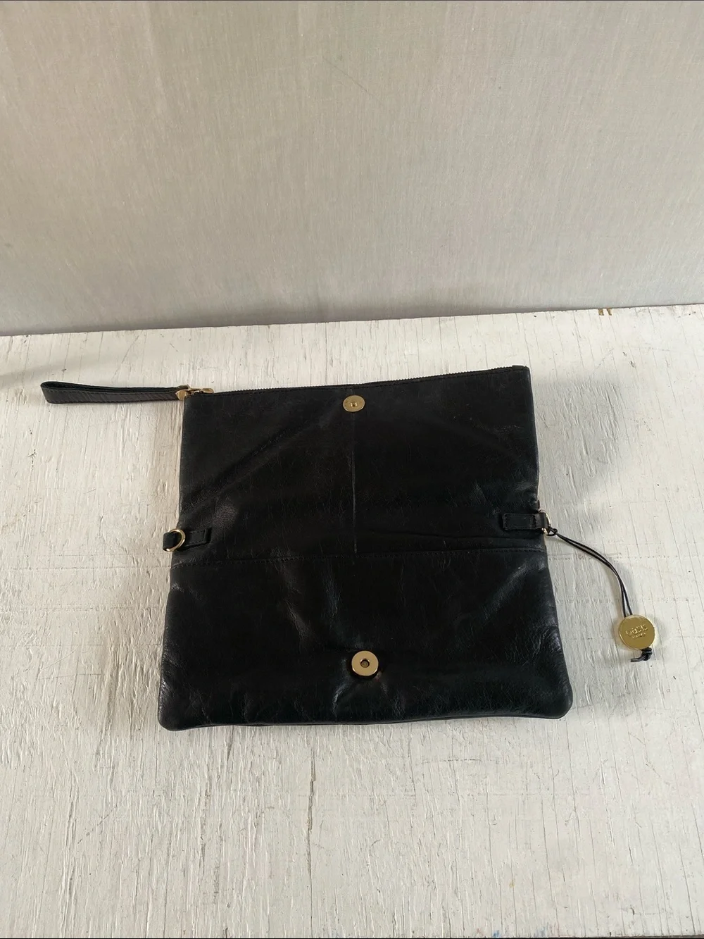 Leopard Calf hair leather Foldover Wristlet Clutch - Black & Tan
